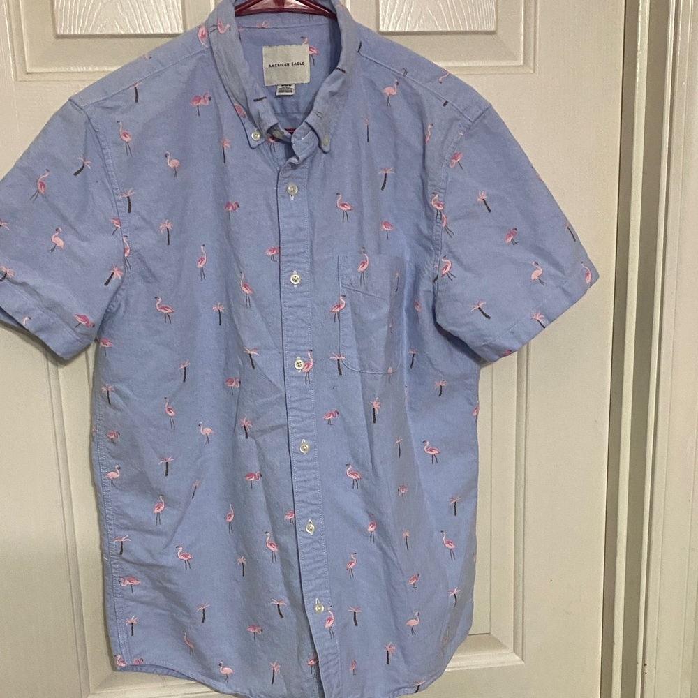 American Eagle Outfitters Light Blue Flamingo Shirt